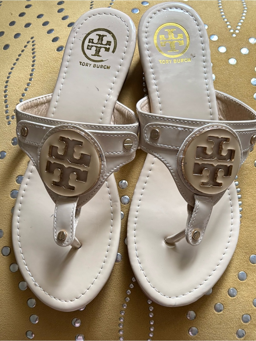Tory Burch Cream Patent Logo Thong Sandals with Gold Emblem